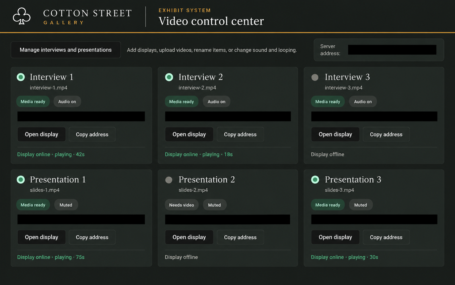 Cotton Street Gallery video control center, reformatted into six display panels with server addresses hidden